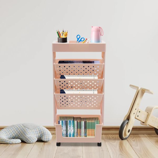 Scaffale - Libreria Con Rotelle - 5 Ripiani - Mobile Per Scrivania E Aula - Facile Da Montare - Rosa-image