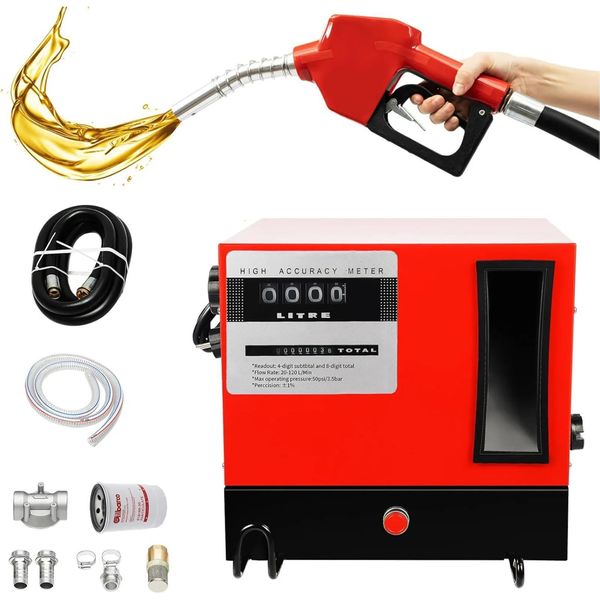 Pompa Elettrica Diesel - Pompa Carburante Autoadescante - 550 W - 220-240 V - 60 L/Min - Ingresso/Uscita 25 Mm - Con Flussometro, Tubo Flessibile E Pistola Di Erogazione - Rosso-image