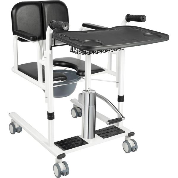 Sedia Per Trasferimento Pazienti - Sollevatore Idraulico Per Pazienti - Seduta Divisa A 180° - Regolazione In Altezza 41-65 Cm - Portata 150 Kg - 4 Ruote Con Freni - Nero-image