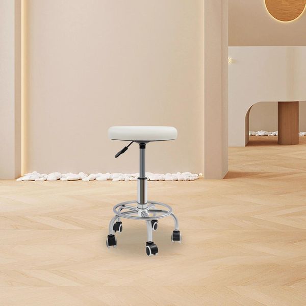 Sgabello Con Rotelle - Sgabello Girevole - Regolabile In Altezza - Girevole A 360° - Seduta Rotonda - Rotelle - Rivestimento In Pvc E Schiuma, Struttura In Acciaio - Bianco-image
