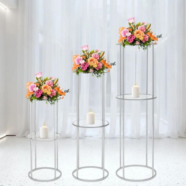 Set Di Supporti Per Fiori - Set Di 3 Supporti Rotondi In Metallo Con Anello/Piedistallo - Altezza 100 Cm - Per Decorazioni Di Matrimoni, Feste Ed Eventi - Argento-image