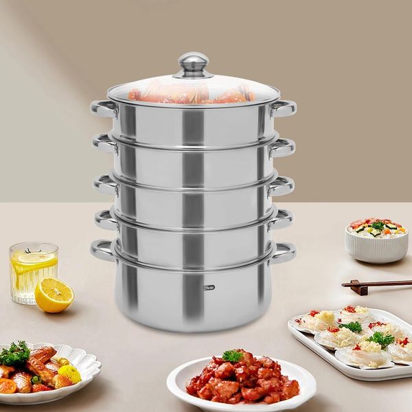 Vaporiera Multifunzionale Da Cucina - Pentola A Vapore 26 Cm - 5 Livelli - Acciaio Inossidabile - Impilabile - Facile Da Pulire - Bianco-image