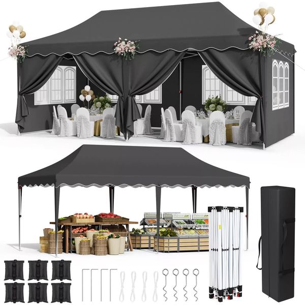 Tenda Da Festa 3X6 M - Gazebo Pieghevole Pop-Up - Struttura In Acciaio - Impermeabile - Uv 50+ - 6 Pareti Laterali - Regolabile In Altezza - Nero-image