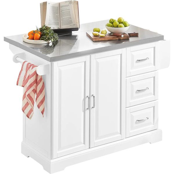 Carrello Da Cucina - FKW41 Carrello Di Servizio - Piano Di Lavoro In Acciaio Inox - Telaio In Legno - 4 Ruote Nascoste - Piano Di Lavoro Ribaltabile - Armadietto - Bianco-image