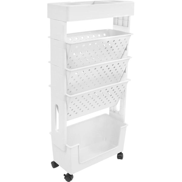 Scaffale Portaoggetti - Libreria Con Rotelle - 5 Ripiani - Mobile - Per Scrivania O Aula Scolastica - Richiede Assemblaggio - Bianco-image