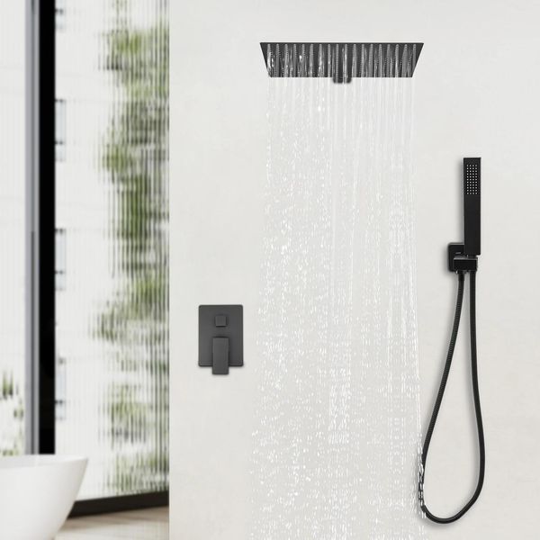 Set Doccia Per Il Bagno - Sistema Doccia A Pioggia Montato A Parete - Ottone E Acciaio Inossidabile - Design Moderno - Nero-image