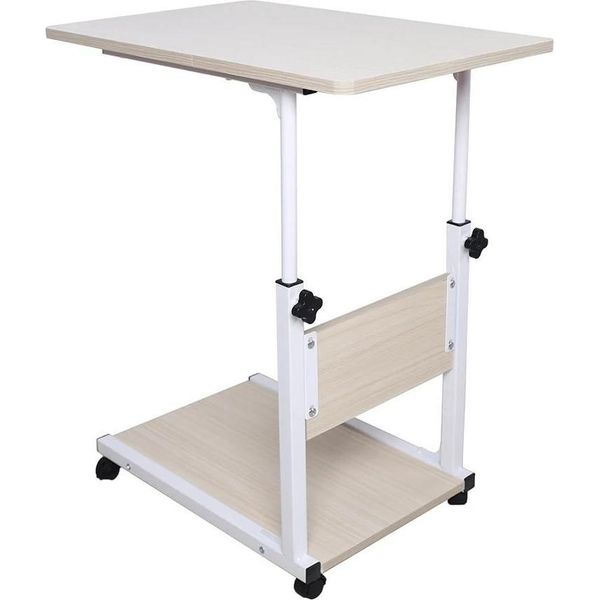 Tavolino Da Letto Su Ruote - Tavolino Da Letto / Tavolino Per Laptop - Regolabile In Altezza Da 55 A 80 Cm - Piano Rettangolare - Struttura In Metallo - Con Tavolino Ausiliario - Bianco Acero-image