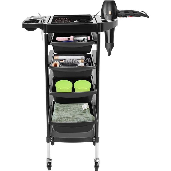 Carrello Da Parrucchiere - Carrello Da Salone - 6 Ripiani - 4 Rotelle - Portata 30-50 Kg - Plastica Pp - 37X34X88 Cm - Nero-image