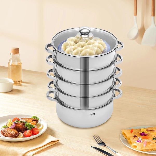 Cucina Cuocivapore - Pentola A Pressione - Diametro 30 Cm - 5 Livelli - Acciaio Inossidabile - Impilabile - Facile Da Pulire - Rosso-image