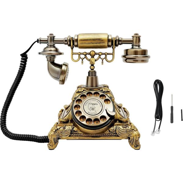 Telefono Fisso Retrò - Telefono Da Tavolo Con Disco Combinatore - Con Filo - Stile Vintage/Retrò - Resina E Lega Di Zinco - Dimensioni 25,5×17,5×20,5 Cm - Oro-image