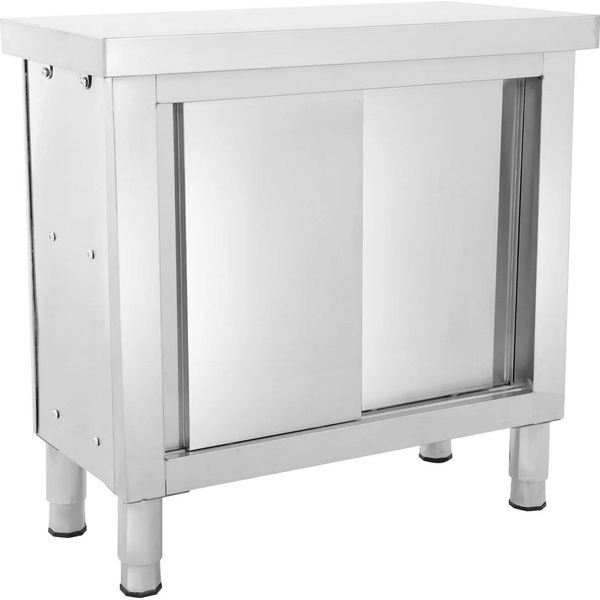 Tavolo Da Lavoro Da Cucina Con Ante Scorrevoli - Mobile Base - 80×40×80 Cm - Acciaio Inox 201 - Spazzolato - 2 Ante Scorrevoli - 2 Ripiani - Bianco-image