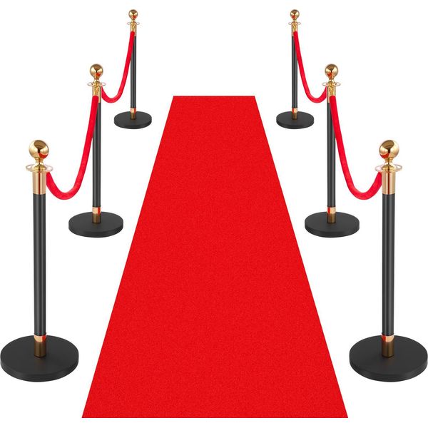 Vevor Set Di 6 Pali Di Delimitazione, Sistema Di Guida Persone Con Tappeto Rosso (10 M) E 4 Corde Di Velluto Rosso (1,5 M), Supporti Di Delimitazione Con Base Ricaricabile Per Concerti, Mostre, Hotel, Cinema (Nero)-image