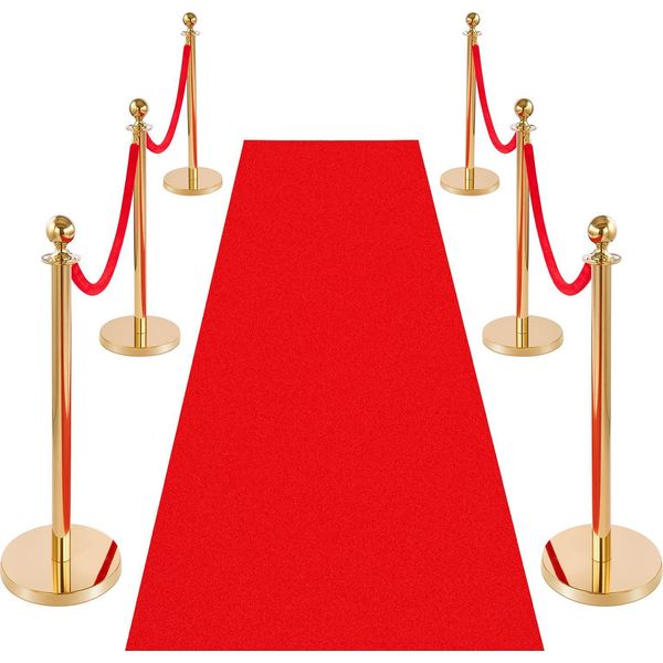 Vevor Set Di 6 Pali Di Delimitazione, Sistema Di Guida Persone Con Tappeto Rosso (8 M) E 4 Corde Di Velluto Rosso (1,5 M), Supporti Di Delimitazione Con Base Ricaricabile Per Concerti, Mostre, Hotel, Cinema (Dorato)-image