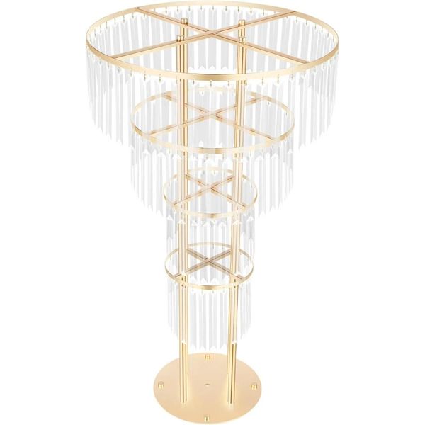 Portafiori In Cristallo - Portafiori A Colonna - 4 Livelli - Smontabile - Base Rotonda 28 Cm - Ferro E Acrilico - Per Matrimoni - Oro-image