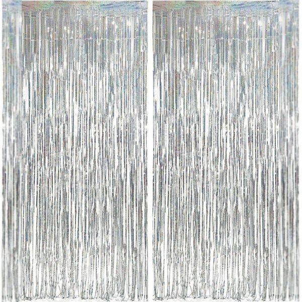 Tenda Argentata Lametta Set Da 2 Tende Glitterate Sfondo Decorativo Per Feste, Tenda Con Frange Per Compleanni, Matrimoni E Decorazioni Per Eventi-image