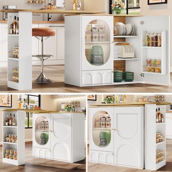 Tavolo Da Bar Girevole A 360° E Tavolo Alto Bianco – Isola Da Cucina Flessibile Con Spazio Di Archiviazione, Vetro Changhong E 3 Ante – Bar Per Caffè E Bancone Da Pranzo 138 Cm-image