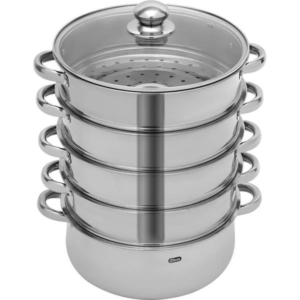 Pentola A Vapore - Pentola A Pressione A 5 Livelli 28 Cm - Acciaio Inossidabile 304 - Coperchio In Vetro - Adatta All'induzione - 15 Kg Per Livello - Argento-image