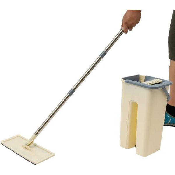 Mop Con Secchio - Set Mop Piatto - Secchio Auto-Strizzante Con Sistema A Scorrimento - 10 Panni In Microfibra - Testina Girevole A 360° - Manico In Acciaio - Bagnato E Asciutto-image