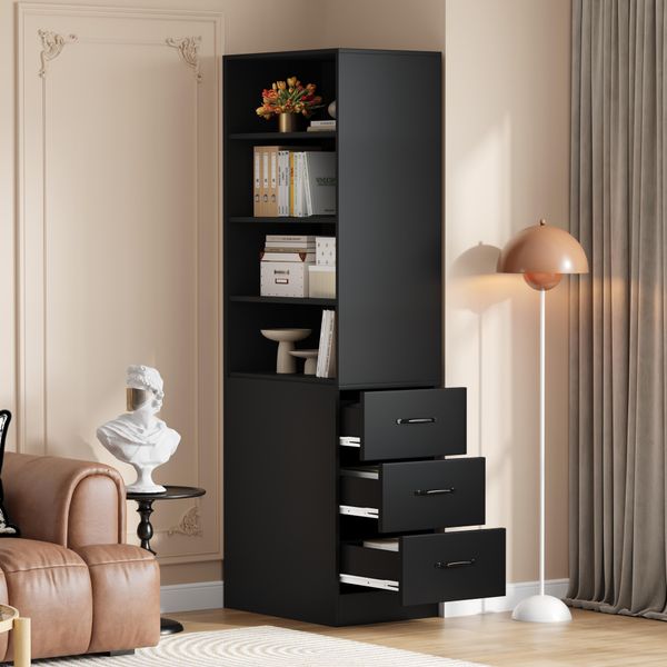 Merax Libreria Stretta 180 Cm, Scaffale Alto Con 3 Cassetti Laterali, Ripiani Aperti, Vetrina Per Soggiorno, Camera Da Letto, Ufficio, Nero-image