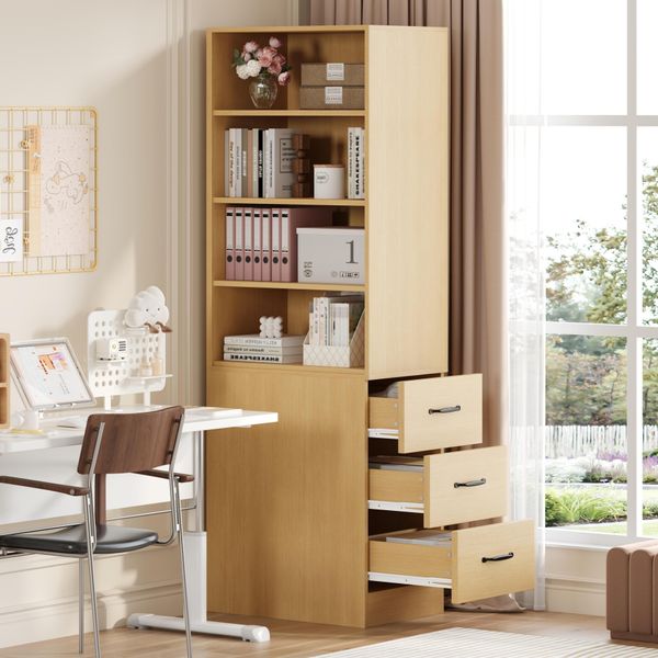 Merax Libreria Stretta 180 Cm, Scaffale Alto Con 3 Cassetti Laterali, Ripiani Aperti, Vetrina Per Soggiorno, Camera Da Letto, Ufficio, Naturale-image