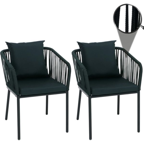 Set Di 2 Sedie Da Giardino HWC-N41, Braccioli Per Esterni, Resistenti Alle Intemperie, Intreccio In Corda Di Alluminio ~ Verde Scuro, Cuscini Verde Scuro-image