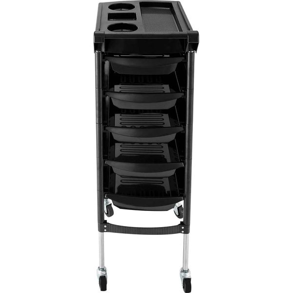 Carrello Da Salone - Carrello Da Parrucchiere - Con 5 Cassetti - Con 2 Supporti Per Asciugacapelli - Con 6 Ripiani - Rotelle E Maniglia - Acciaio Inossidabile + Abs - Montaggio - Nero-image
