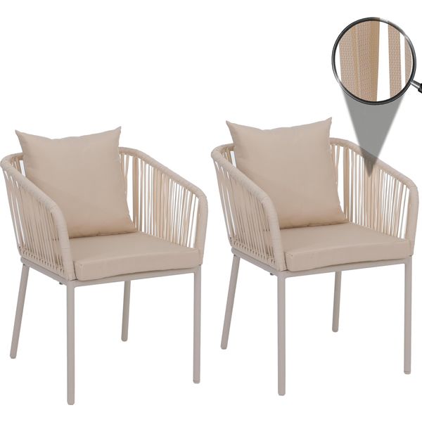 Set Di 2 Sedie Da Giardino HWC-N41, Braccioli Per Esterni, Resistenti Alle Intemperie, Intreccio In Corda Di Alluminio ~ Crema, Cuscini Crema-image