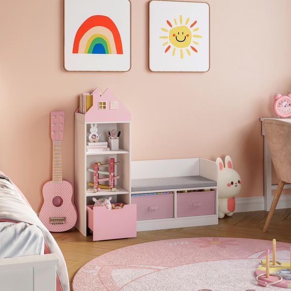 Panca Per Bambini Con Ripiano "Vipsali"" In Stile Casa Con 2 Contenitori Pieghevoli 100 X 99 X 30 Cm Rosa / Bianco"-image