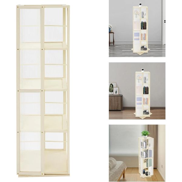 Libreria - Scaffale Portaoggetti - Girevole A 360° - 4 Ripiani - Bambù - 34,5 × 34,5 × 123 Cm - Bianco Crema-image