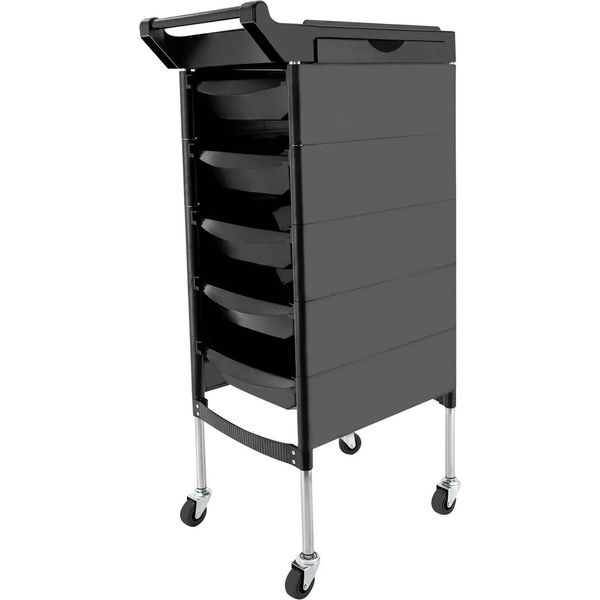 Carrello Da Parrucchiere - Carrello Da Parrucchiere - 5 Cassetti - 2 Ripiani Laterali - Regolabile In Altezza - Rotelle A 360° - Capacità Di Carico 66 Kg - Acciaio Inossidabile + Abs - Nero-image