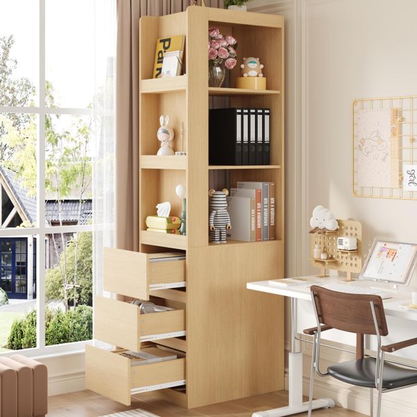 Merax Libreria Stretta Da 200 Cm Con 3 Ripiani Aperti E 3 Cassetti, Posizionabile Su Entrambi I Lati, Scaffale, Vetrina, Naturale-image