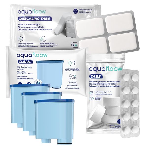 Aquafloow 3X Filtro Per L'acqua Per Macchine Da Caffè Philips Saeco + Pastiglie Decalcificanti + Pastiglie Detergenti E Sgrassanti-image