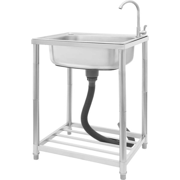 Lavello Da Cucina In Acciaio Inox - Vasca Singola Indipendente - Con Rubinetto - Girevole A 360° - Rettangolare - Dimensioni 60×45×82 Cm - Scarico Ø11 Cm - Tubi Di Alimentazione E Scarico Da 60 Cm - Argento-image