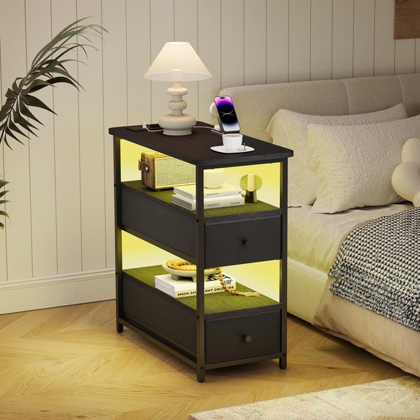 Comodino Unboxg 58X28X60,5 Cm, Nero, 4 Ripiani, 2 Cassetti, Illuminazione A Led, Usb E Prese Di Corrente, App E Telecomando, Spazio Contenitivo-image