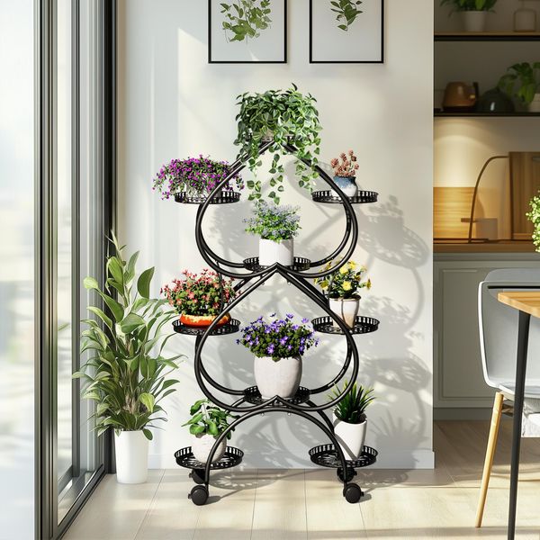 Fativo Portapiante In Metallo A 9 Ripiani: Scaffale Piante Alto 120 Cm Con Ruote, Porta Fiori Per Balcone, Giardino E Soggiorno, Interno & Esterno-image