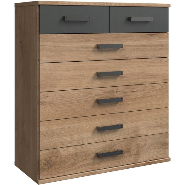 Schubkastenkommode Wimex "Cork, Hochkommode, Highboard 91/40/103Cm, Made In Germany", Plankeneiche Nachbildung, Absetzung Grafit, B:91Cm H:103Cm T:40Cm, Holzwerkstoff, Sideboards, Industrial Design, Rustikaler Look, 7 Schubladen-image