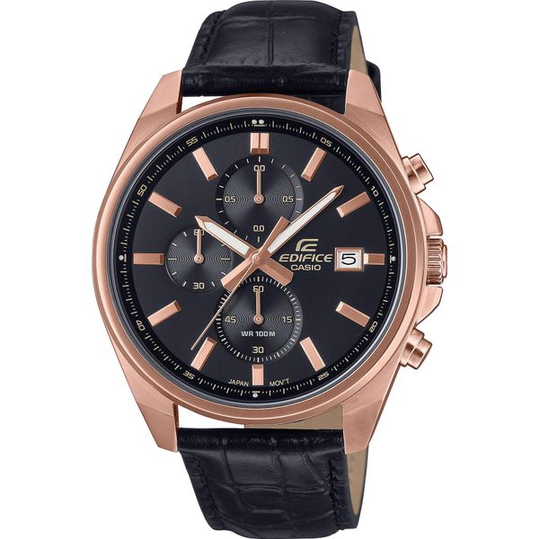 Chronograph Casio Edifice, Schwarz (Schwarz, Schwarz), Armbanduhren, Herren, Chronograph, Quarzuhr, Armbanduhr, Herrenuhr, Lederarmband, Analog, Tag-image