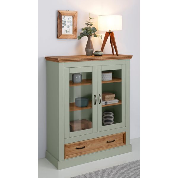 Vitrine Otto Home "Selma Highboard", GrüN (Salbei GrüN, Gebeizt), B:100Cm H:120Cm T:38Cm, Glas, Mdf, Massivholz, SchräNke, Vitrine, Aus Massivem Kiefernholz, Mit Griffen Aus Antikisiertem Metall-image