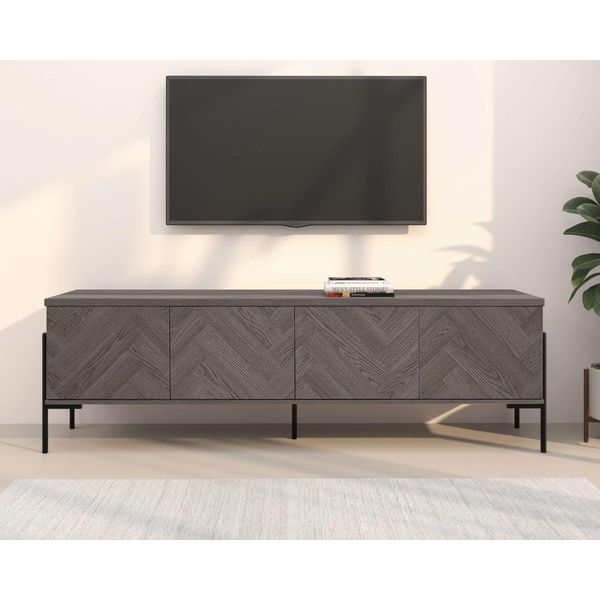 Lowboard Otto Home "Eadwine", Weiß Eiche, B:175Cm H:55Cm T:38Cm, Mdf, Sideboards, Lowboard, Tv-Kommode, Push-To-Open, TüRen Mit FischgräTen Muster, Breite 175 Cm-image
