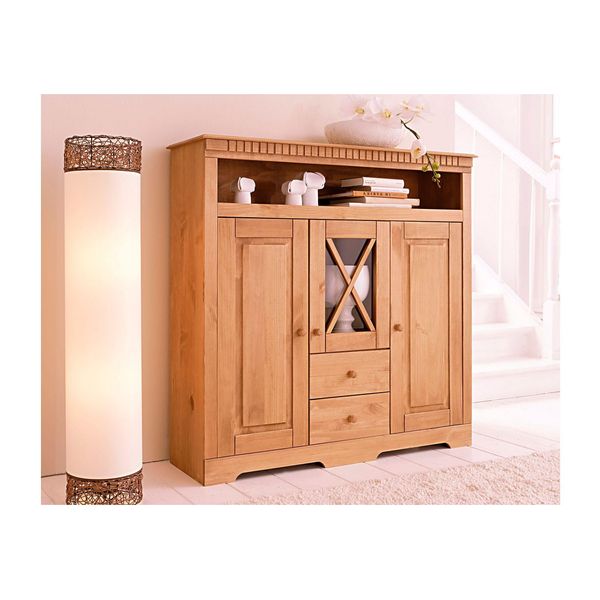 Highboard Otto Home "Lisa", Beige (Natur Gebeizt, Gewachst), B:130Cm H:125Cm T:35Cm, Massivholz, Sideboards, Highboard, Stauraumschrank Aus Massivem Kiefernholz, Mit Dekorativen FräSungen-image