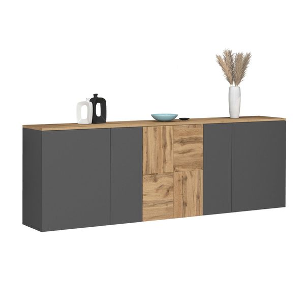 Sideboard Otto Home "Iseo, Kommode, Schrank, Sideboard, Lowboard, 6 FäCher, Breite 200 Cm", Anthrazit, Eiche Wotan, B:200Cm H:70Cm T:35Cm, Sideboards, Sideboard, Stehend/HäNgend, 5 TüRen, 6 FäCher, Breite 200 Cm-image