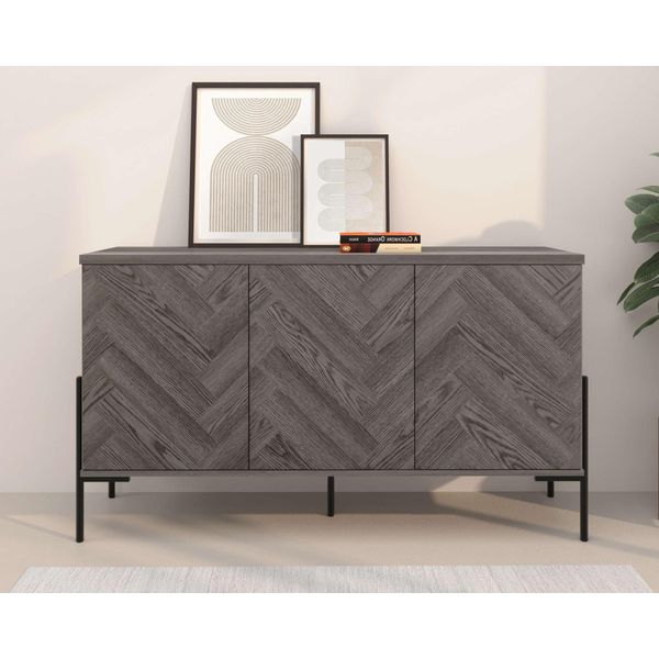 Sideboard Otto Home "Eadwine", Weiß Eiche, B:130Cm H:75Cm T:38Cm, Mdf, Sideboards, Sideboard, Kommode, Push-To-Open, TüRen Mit FischgräTen Muster, Breite 130 Cm-image