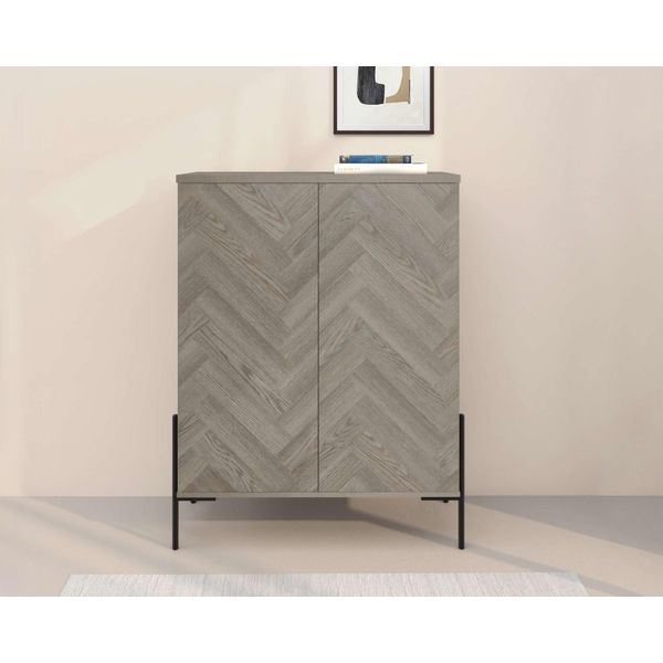 Highboard Otto Home "Eadwine", Eichefarb., B:90Cm H:120Cm T:38Cm, Mdf, Sideboards, Highboard, Kommode, Midischrank, Push-To-Open, TüRen Mit FischgräTen Muster-image