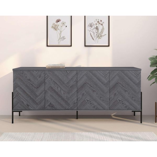 Sideboard Otto Home "Eadwine", Grau (Grau Eiche), B:175Cm H:75Cm T:38Cm, Mdf, Sideboards, Sideboard, Kommode, Push-To-Open, TüRen Mit FischgräTen Muster, Breite 175 Cm-image