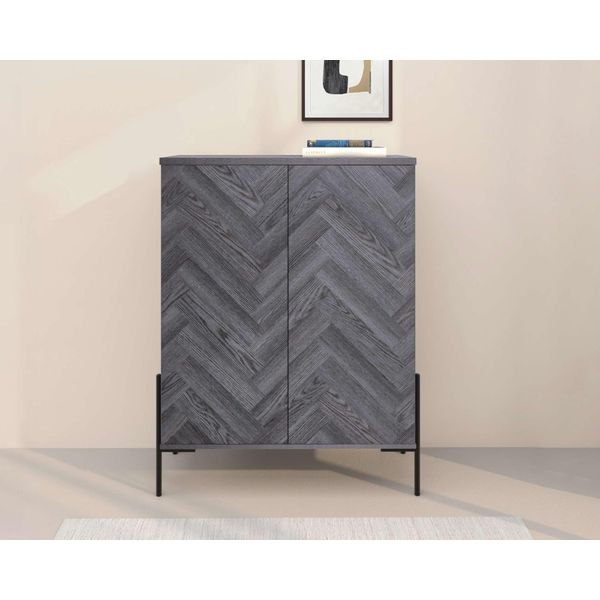 Highboard Otto Home "Eadwine", Grau Eiche, B:90Cm H:120Cm T:38Cm, Mdf, Sideboards, Highboard, Kommode, Midischrank, Push-To-Open, TüRen Mit FischgräTen Muster-image