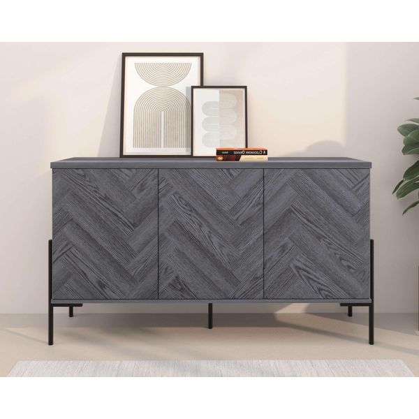 Sideboard Otto Home "Eadwine", Grau Eiche, B:130Cm H:75Cm T:38Cm, Mdf, Sideboards, Sideboard, Kommode, Push-To-Open, TüRen Mit FischgräTen Muster, Breite 130 Cm-image