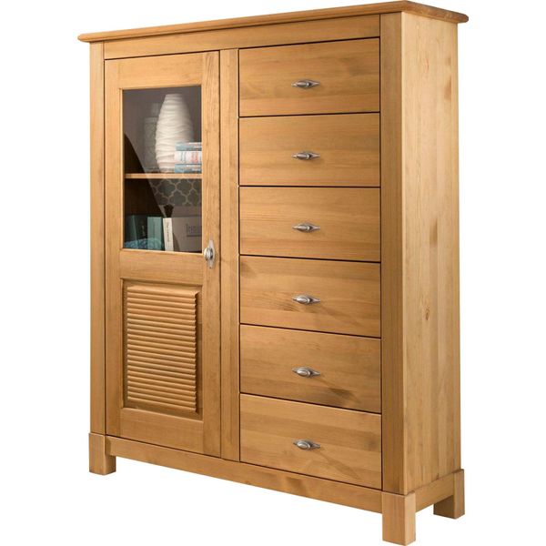 Highboard Otto Home "Rauna", Beige (Naturfarben), B:102,8Cm H:131Cm T:37Cm, Sideboards, Highboard, Vitrine, Breite 103 Cm, Fsc-Zertifiziertes Massivholz-image