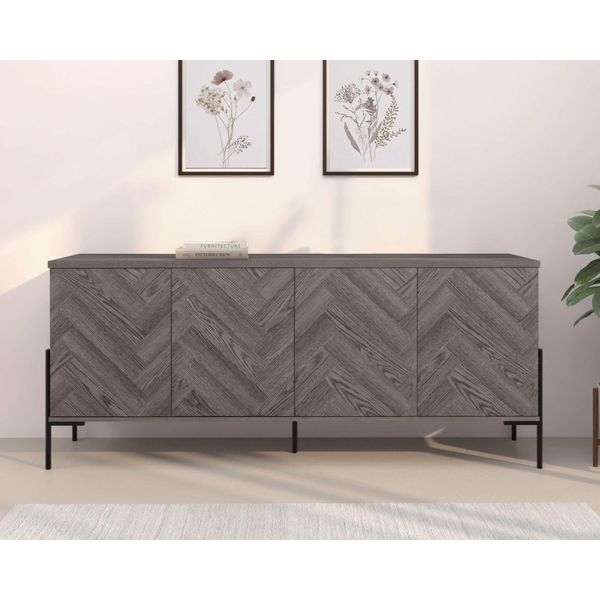 Sideboard Otto Home "Eadwine", Grau (Weiß Eiche), B:175Cm H:75Cm T:38Cm, Mdf, Sideboards, Sideboard, Kommode, Push-To-Open, TüRen Mit FischgräTen Muster, Breite 175 Cm-image