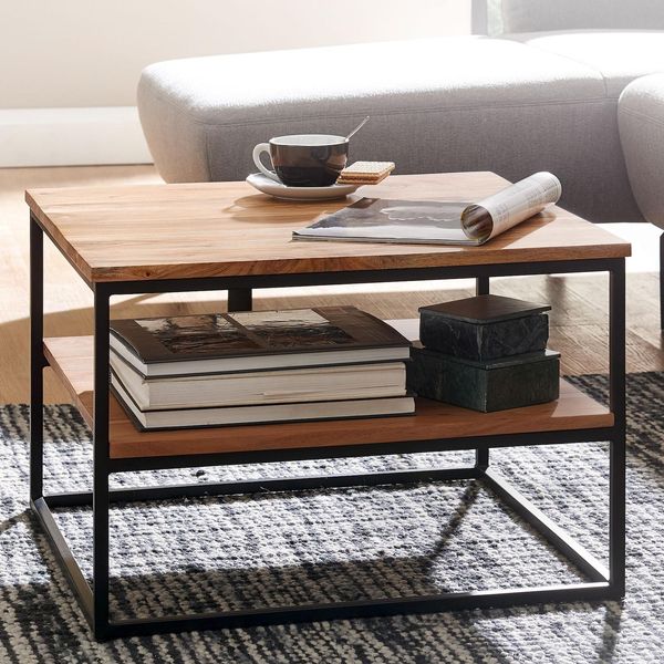 Finebuy Couchtisch Quadratisch 60Cm Akazie Massivholz Wohnzimmertisch 2 Ablagen-image