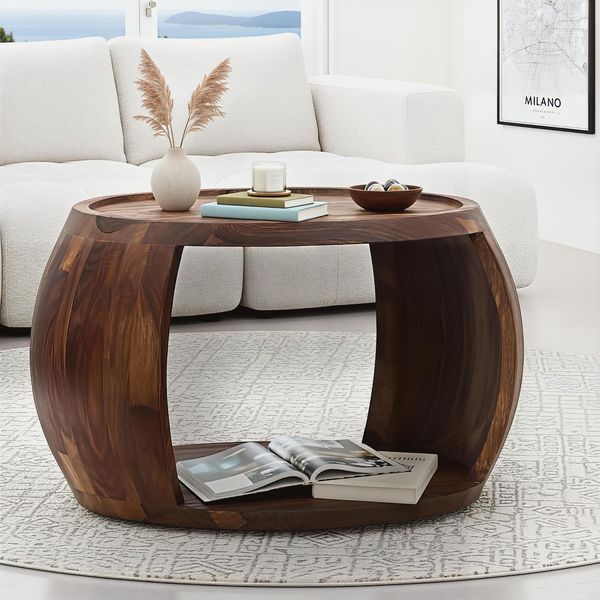 Couchtisch Sheesham Massivholz Rund 60 Cm Wohnzimmertisch Ablagefach Landhaus-image